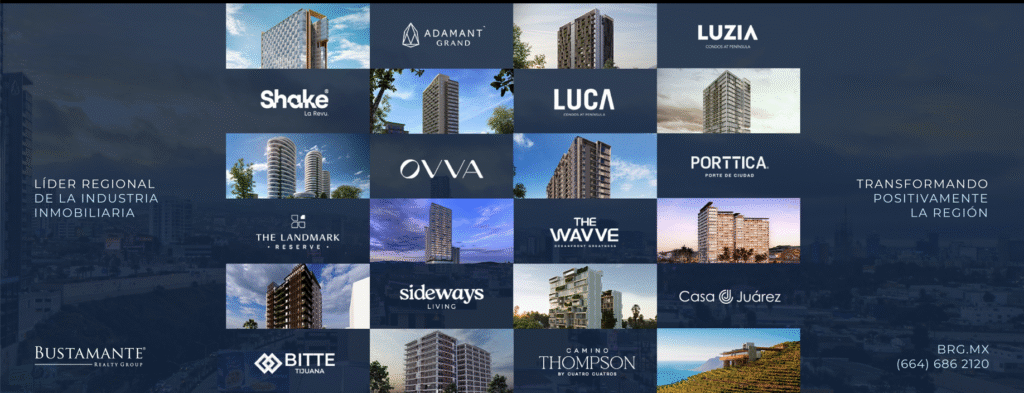 Oficina moderna de Bustamante Realty en México con equipo profesional asesorando a clientes sobre bienes raíces.