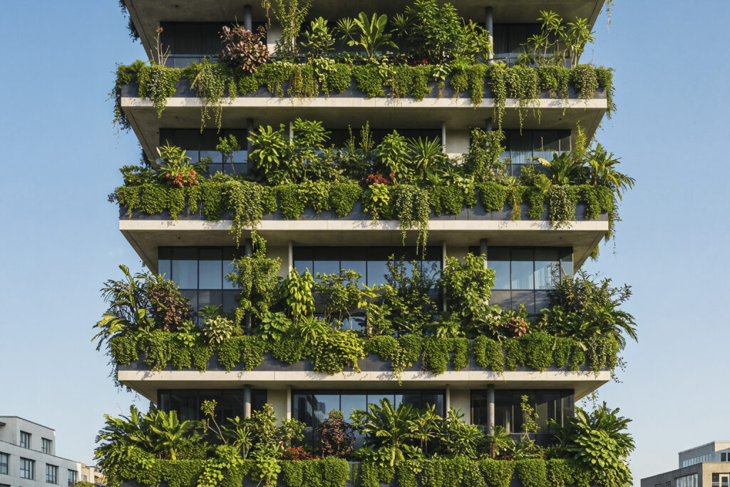 Foto de un edificio moderno certificado LEED en México, con vegetación o elementos sostenibles visibles.